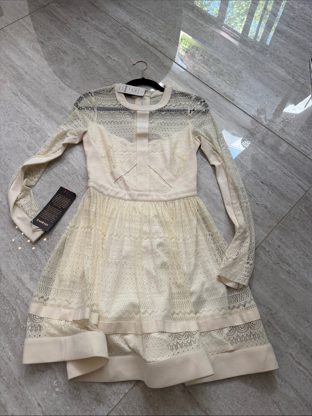 NWT Bebe Cream Lace Long-Sleeve Fit & Flare Dress